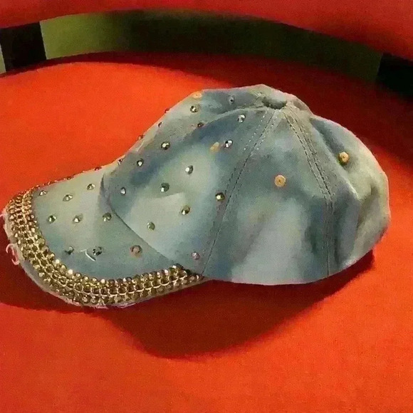 Bling Denim Cap with chain and studs - Picture 2 of 5